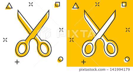 Vector cartoon scissors icon in comic style. Scissor sign illustration pictogram. Shear business splash effect concept. Vector cartoon scissors icon in comic style. Scissor sign illustration pictogram. Shear business splash effect concept. 141994179