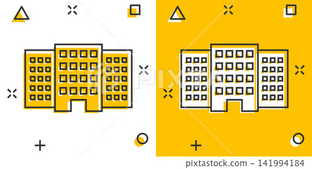 Vector cartoon building in comic style. House sign illustration pictogram. Building business splash effect concept. Vector cartoon building in comic style. House sign illustration pictogram. Building business splash effect concept. 141994184
