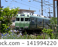 Meitetsu 6000 series train (first batch, caterpillar color) running along a line lined with blooming flowers. 141994220