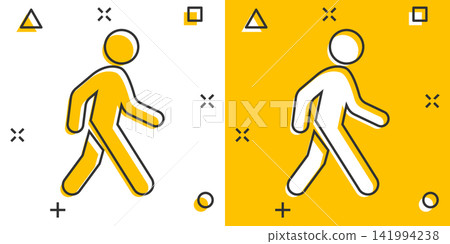 Vector cartoon walking man icon in comic style. People walk sign illustration pictogram. Pedestrian business splash effect concept. Vector cartoon walking man icon in comic style. People walk sign illustration pictogram. Pedestrian business splash effect concept. 141994238