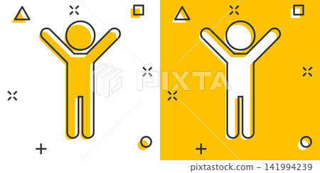 Vector cartoon happy man with hands up icon in comic style. People happy sign illustration pictogram. Man business splash effect concept. Vector cartoon happy man with hands up icon in comic style. People happy sign illustration pictogram. Man business splash effect concept. 141994239