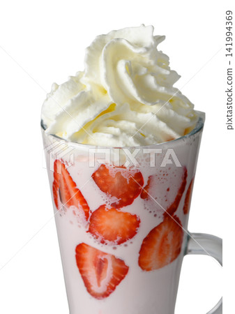 Strawberry milkshake or smoothie with whipped cream and fresh sliced strawberries in glass mug Strawberry milkshake or smoothie with whipped cream and fresh sliced strawberries in glass mug 141994369