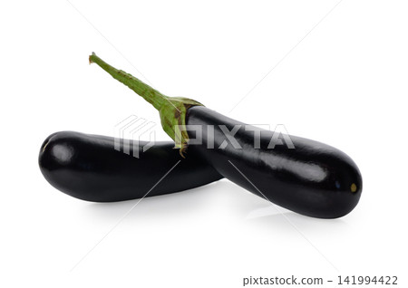Two fresh glossy eggplants arranged together on a white background Two fresh glossy eggplants arranged together on a white background 141994422