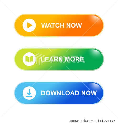 Modern call to action button set with glossy gradient capsules, rounded edges, white circular icons, bold typography, and orange, green, blue options for watch, learn, and download Modern call to action button set with glossy gradient capsules, rounded edges, white circular icons, bold typography, and orange, green, blue options for watch, learn, and download 141994456