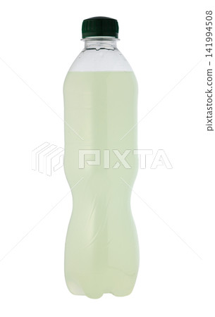 Unlabeled plastic bottle with light green drink isolated on white Unlabeled plastic bottle with light green drink isolated on white 141994508