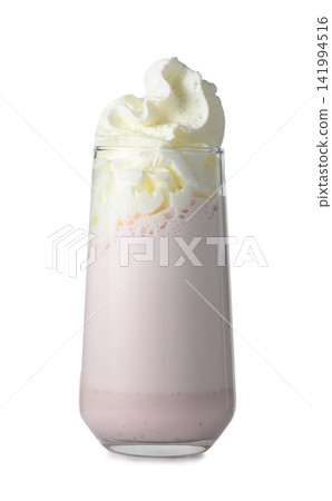 Tall glass of strawberry milkshake with whipped cream isolated on white Tall glass of strawberry milkshake with whipped cream isolated on white 141994516