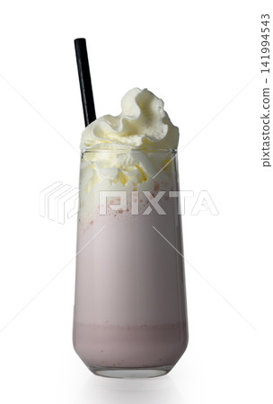 Tall glass of pink milkshake with whipped cream and black straw Tall glass of pink milkshake with whipped cream and black straw 141994543