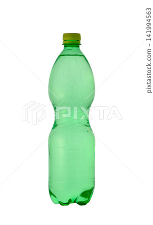 Unlabeled green plastic bottle filled with water isolated on white Unlabeled green plastic bottle filled with water isolated on white 141994563