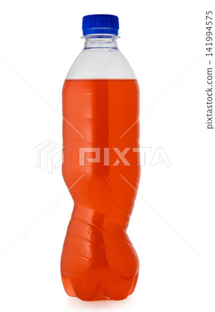 Unlabeled plastic bottle with orange drink isolated on white 141994575