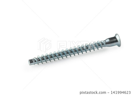 Metal screw resting on a clean white background waiting for its moment in a crafting project or home repair Metal screw resting on a clean white background waiting for its moment in a crafting project or home repair 141994623