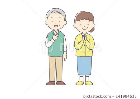 A full-body illustration of an elderly couple smiling peacefully. A full-body illustration of an elderly couple smiling peacefully. 141994633