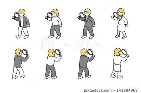 Isometric illustration: A set of a man and a woman using a magnifying glass. Isometric illustration: A set of a man and a woman using a magnifying glass. 141994962