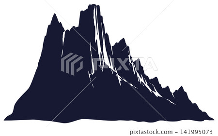 Dramatic dark mountain peak silhouette with sharp rocky ridges, rugged alpine cliff formation isolated on transparent background, graphic nature illustration 141995073