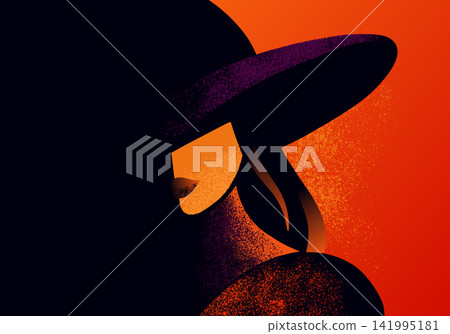 Stylish Mysterious Woman In Wide Brim Hat With Grainy Distressed Texture, Retro Noir Mood, And Dramatic Silhouette Stylish Mysterious Woman In Wide Brim Hat With Grainy Distressed Texture, Retro Noir Mood, And Dramatic Silhouette 141995181