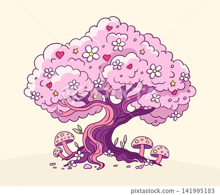 Whimsical Sakura Cherry Blossom Tree With Pink Flowers, Cute Mushrooms, Hearts, Stars, Magical Fantasy Decoration Whimsical Sakura Cherry Blossom Tree With Pink Flowers, Cute Mushrooms, Hearts, Stars, Magical Fantasy Decoration 141995183