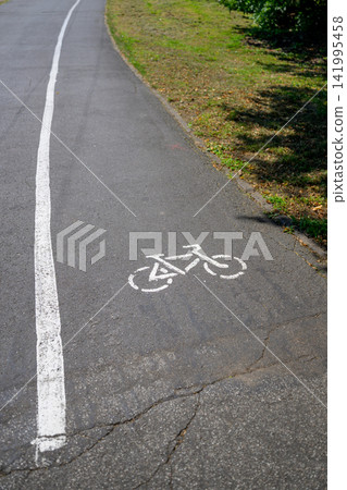 Paved path with white bike symbol and straight line. Green grass borders the asphalt surface. Cracks appear in the pavement. Sunlight filters through nearby trees Paved path with white bike symbol and straight line. Green grass borders the asphalt surface. Cracks appear in the pavement. Sunlight filters through nearby trees 141995458