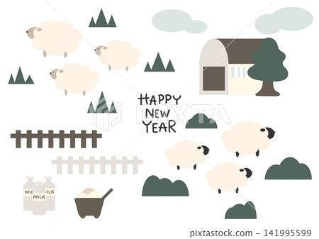 A heartwarming hand-drawn sheep illustration set, perfect for New Year's cards. A heartwarming hand-drawn sheep illustration set, perfect for New Year's cards. 141995599