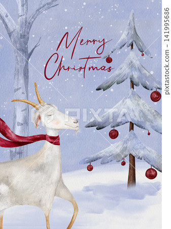 Merry Christmas trendy card features whimsical watercolor illustration of goat wearing red scarf in snowy forest. Christmas fir or pine tree adorned with red ball, snowy background Merry Christmas trendy card features whimsical watercolor illustration of goat wearing red scarf in snowy forest. Christmas fir or pine tree adorned with red ball, snowy background 141995686