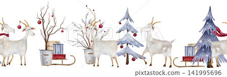 Seamless horizontal border with watercolor illustration of goats in winter holiday scene. Hand-painted animals alongside snowy pine trees, red ornaments, and wrapped gifts. Christmas frame for holiday Seamless horizontal border with watercolor illustration of goats in winter holiday scene. Hand-painted animals alongside snowy pine trees, red ornaments, and wrapped gifts. Christmas frame for holiday 141995696