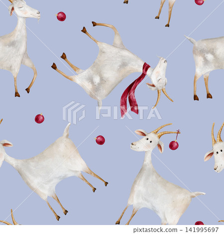 Seamless pattern with watercolor hand drawn illustration. Repeat ornament with simbol 2027 year goats with red scarves and Christmas ball. For holiday-themed decoration, invitations or textiles 141995697