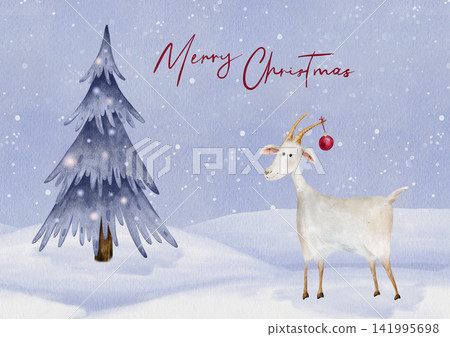 Goat Christmas Greeting Card set with watercolor artwork of goat wearing red ornament. Winter rectangle card with christmas blue tree. For holiday cards, holiday banners or winter invitations Goat Christmas Greeting Card set with watercolor artwork of goat wearing red ornament. Winter rectangle card with christmas blue tree. For holiday cards, holiday banners or winter invitations 141995698