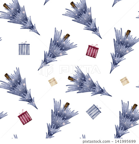 Seamless Christmas pattern with watercolor hand drawn illustrations of blue spruce trees and festive gift boxes. Winter holiday design for fabric printing, or wrapping paper. Seamless Christmas pattern with watercolor hand drawn illustrations of blue spruce trees and festive gift boxes. Winter holiday design for fabric printing, or wrapping paper. 141995699