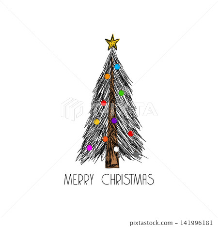 Hand drawn Christmas tree greeting card vector 141996181