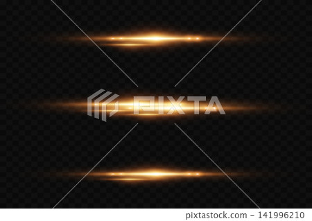 Golden horizontal light lines creating a dynamic lens flare and glow effect on black Golden horizontal light lines creating a dynamic lens flare and glow effect on black 141996210