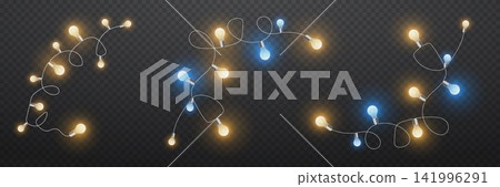 Decorative string lights illuminating with warm yellow and cool blue bulbs on transparent background Decorative string lights illuminating with warm yellow and cool blue bulbs on transparent background 141996291