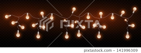 Illuminated light bulbs strung together providing warm atmospheric lighting on a transparent background Illuminated light bulbs strung together providing warm atmospheric lighting on a transparent background 141996309