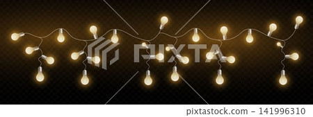 Glowing string lights illuminating a dark transparent background, creating a festive atmosphere 141996310