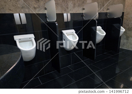 Modern Public Restroom with Wall-Mounted Urinals and Privacy Dividers for Contemporary Design Modern Public Restroom with Wall-Mounted Urinals and Privacy Dividers for Contemporary Design 141996712