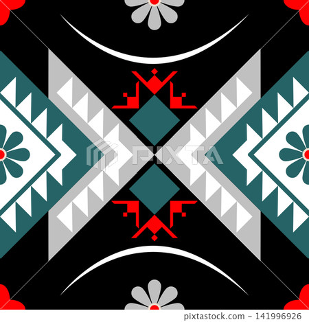 Geometric with floral pattern. Geometric ethnic oriental pattern. Ethnic pattern. floral pattern fabric design for clothing, textile, background, wallpaper, carpet, print, embroidery style Geometric with floral pattern. Geometric ethnic oriental pattern. Ethnic pattern. floral pattern fabric design for clothing, textile, background, wallpaper, carpet, print, embroidery style 141996926