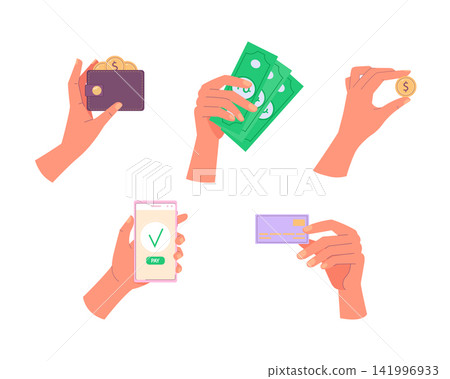 Hands holding coins, credit card, smartphone online payment, money paper and wallet with dollar bills. Financial management concept Hands holding coins, credit card, smartphone online payment, money paper and wallet with dollar bills. Financial management concept 141996933