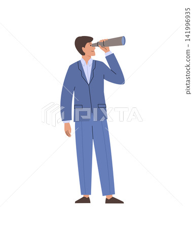 Businessman looking through telescope. Male character in suit standing front. Business concept Businessman looking through telescope. Male character in suit standing front. Business concept 141996935