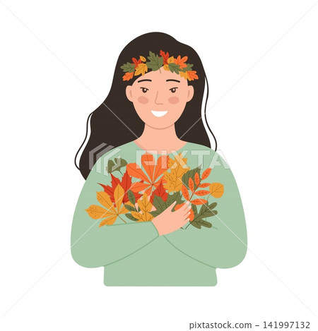 Brunette woman with autumn leaf wreath holding a bouquet of colorful fall foliage vector illustration 141997132