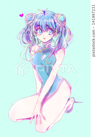 A woman in a Chinese dress with her hair in twin buns, light blue. A woman in a Chinese dress with her hair in twin buns, light blue. 141997231