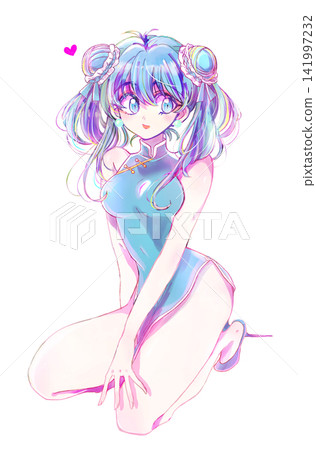 A woman in a Chinese dress with her hair in twin buns, light blue. A woman in a Chinese dress with her hair in twin buns, light blue. 141997232
