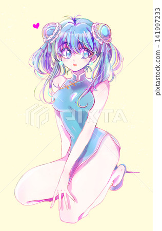 A woman in a Chinese dress with her hair in twin buns, light blue. A woman in a Chinese dress with her hair in twin buns, light blue. 141997233