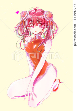 A woman in a Chinese dress with her hair in buns and pigtails, wearing red. A woman in a Chinese dress with her hair in buns and pigtails, wearing red. 141997234