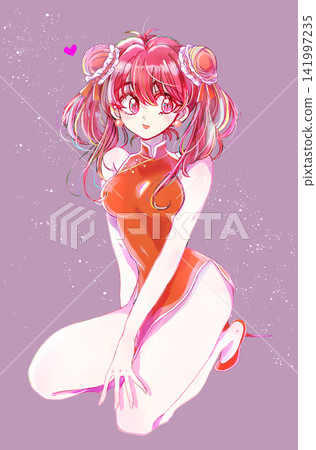 A woman in a Chinese dress with her hair in buns and pigtails, wearing red. A woman in a Chinese dress with her hair in buns and pigtails, wearing red. 141997235