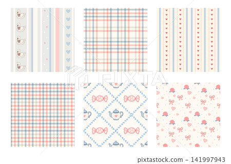 Pastel hand drawn seamless baby pattern set with plaid roses and bows Pastel hand drawn seamless baby pattern set with plaid roses and bows 141997943
