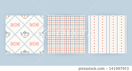 Cute hand drawn pastel baby seamless pattern set features plaid stripes Cute hand drawn pastel baby seamless pattern set features plaid stripes 141997953