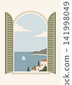 Window View with Open Shutters, Seaside Houses. Mediterranean Coastal Flat Vector Illustration 141998049