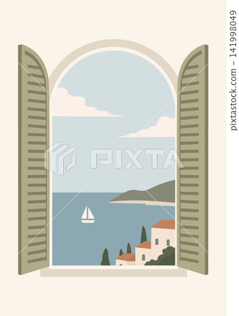 Window View with Open Shutters, Seaside Houses. Mediterranean Coastal Flat Vector Illustration Window View with Open Shutters, Seaside Houses. Mediterranean Coastal Flat Vector Illustration 141998049