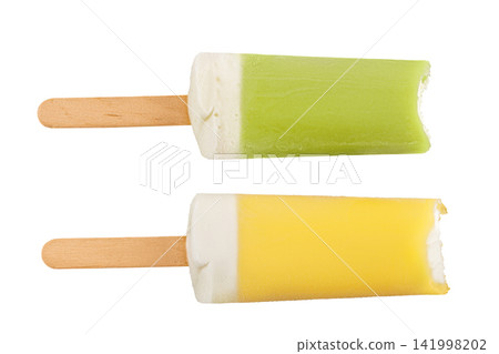 Ice cream on a stick with a bite mark isolated on a white background. Ice cream or fruit ice isolated on a white background. 141998202