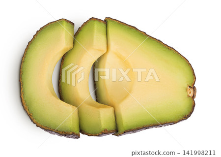 avocado pieces isolated on white background close up. Top view. Flat lay avocado pieces isolated on white background close up. Top view. Flat lay 141998211