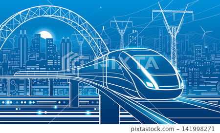 Futuristic high speed train traveling on an elevated railway through a modern smart city. Urban skyline, architectural arch, power transmission lines, mountains and renewable energy elements Futuristic high speed train traveling on an elevated railway through a modern smart city. Urban skyline, architectural arch, power transmission lines, mountains and renewable energy elements 141998271