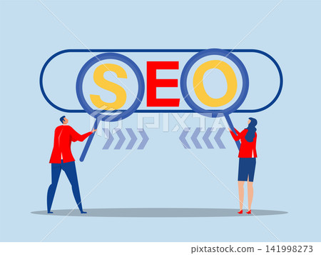 Businesspeople hold magnifying glass on SEO rising arrow search box.SEO Search Engine Optimization, website search result, advertising vector Businesspeople hold magnifying glass on SEO rising arrow search box.SEO Search Engine Optimization, website search result, advertising vector 141998273