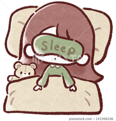 A girl sleeping in bed with an eye mask on. 141998286